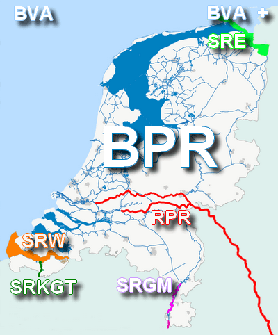 Kaart van Nederland met alle scheepvaartreglementen bij elkaar: BPR op vrijwel alle binnenwateren, RPR op de Rijntakken, SRW op de Westerschelde, SRKGT op het Kanaal van Gent naar Terneuzen, SRGM op de gekanaliseerde Maas, SRE op de Eems en BVA op zee.